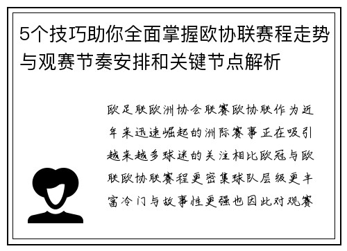5个技巧助你全面掌握欧协联赛程走势与观赛节奏安排和关键节点解析